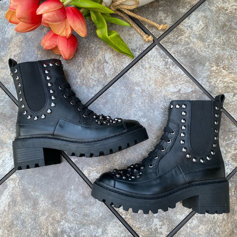 New KARL LAGERFELD PARIS Black Breck Studded Leather Moto Combat Boot Size 6 - Picture 8 of 12